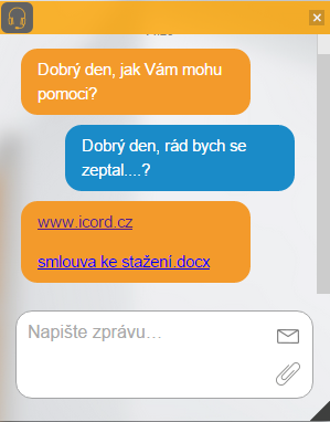 4.1. Textová komunikace s klientem V aplikaci lze textově komunikovat prostřednictvím chatu, který zapíná a vypíná operátor ikonkou chatu v klientském menu nahoře, viz obrázek níže.