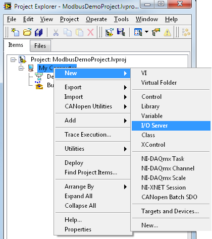 Obrázek 14: Vytvoření Modbus Master I/O Serveru Pro přístup a sdílení dat v LabVIEW, které jsou obsaţeny na jednotlivých adresách Modbus Master I/O Serveru, se vyuţívají takzvané sdílené proměnné