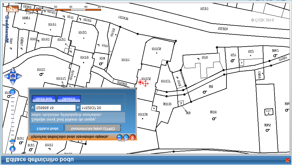 V okně prohlížeče se zobrazí výřez z mapy obsahující identifikační parcelu. V případě, že stavební objekt měl definiční bod zadán, zobrazí se tento bod jako křížek.