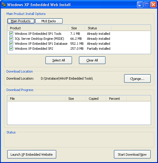 Program XPEFFI.exe zobrazí něco takového: Obr. A1 výběr součástí Studia ke stažení Poznámka: V tomto okně vidíte ve sloupci Status buď Allready installed nebo Partially installed.