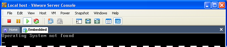 Obr. B11 VMware Server Console, nenalezeno bootovací médium Po zapnutí virtuálního počítače jsme dostali zprávu, že nebylo nalezeno spouštěcí CD, disketa nebo pevný disk.