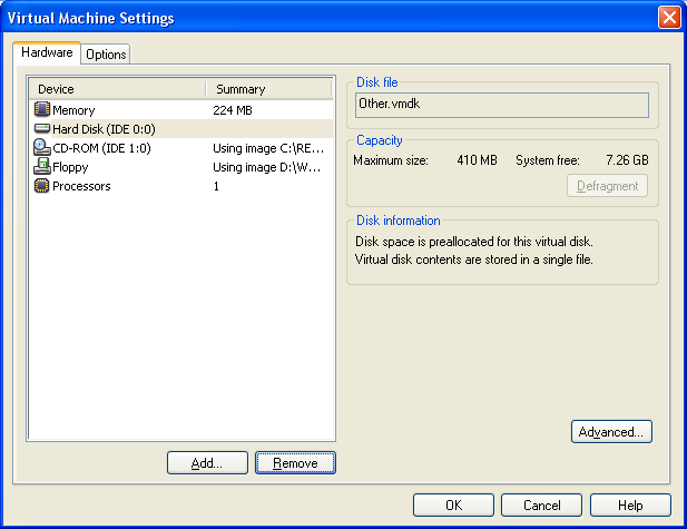 Obr. B19 VMware Server Console, pevný disk ve virtuálním počítači Zobrazí se průvodce přidání nového HW. Klepnutím na tlačítko Další se dostaneme k výběru HW, který si přejeme přidat.