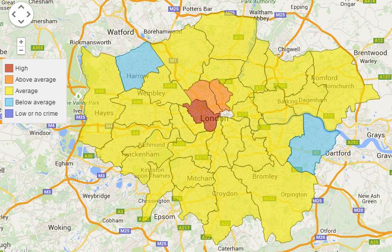 Obrázek 63: Mapa kriminality městských části Londýna Zdroj: Metropolitan Police; 2015 V následujícím roce 2010 byl systém rozšířen o možnost publikování informací o trestných činech na místní úroveň