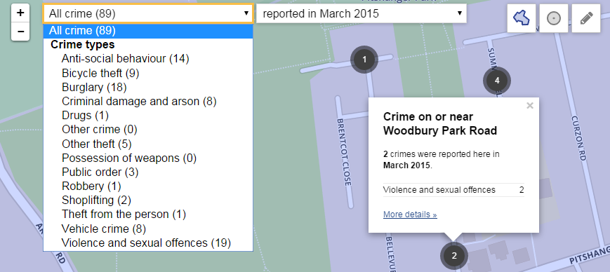 Obrázek 67: Kategorie mapovaných trestných činů Zdroj: police.uk; 2015 Poté se takto upravená data dodávají do obecné databáze, která je hostována na serverech Amazon.