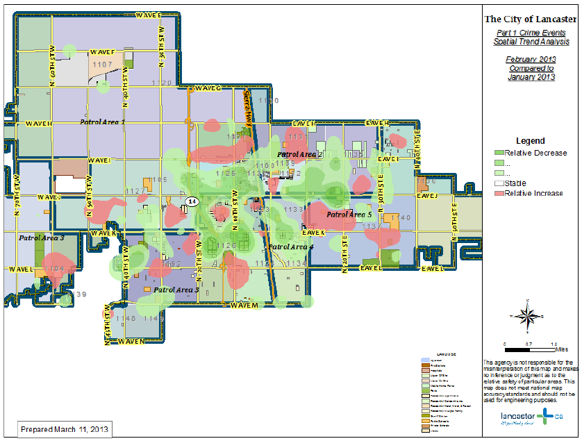 Obrázek 79: Heat mapa vývoje kriminality Zdroj: Město Lancaster, 2015 Analytici města Lancaster se ze všech metod nejvíce zaměřují na Risk Terrain Modelling, který jim umožní detailně analyzovat