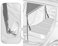 94 Úložné prostory Montáž za přední sedadla Zachyťte háky poutek bezpečnostní sítě za přední poutací oka na obou stranách zavazadlového prostoru. Napněte obě poutka zatažením za volný konec.