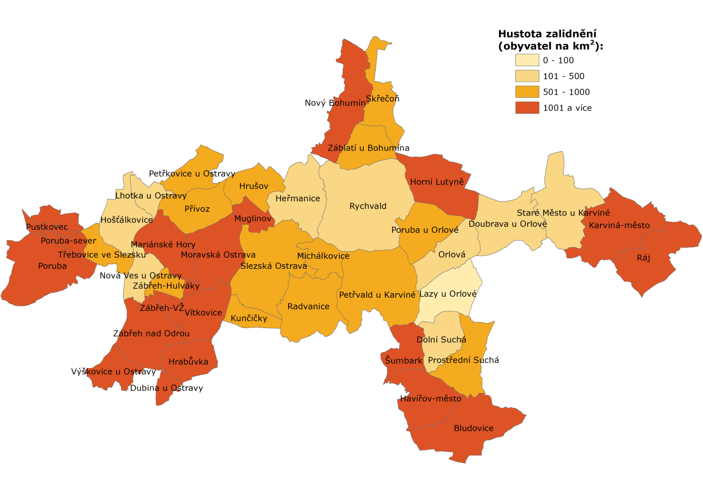 Obr. 2 Hustota zalidnění dle katastrálních území (zdroj: SHM aglomerace Ostrava) 2.1. Charakteristika hlavních pozemních komunikací V tabulce č.