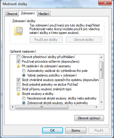 Důležitá nastavení zobrazení Upřesnit>Možnosti složky>záložka Zobrazit neskrývat přípony souborů známých