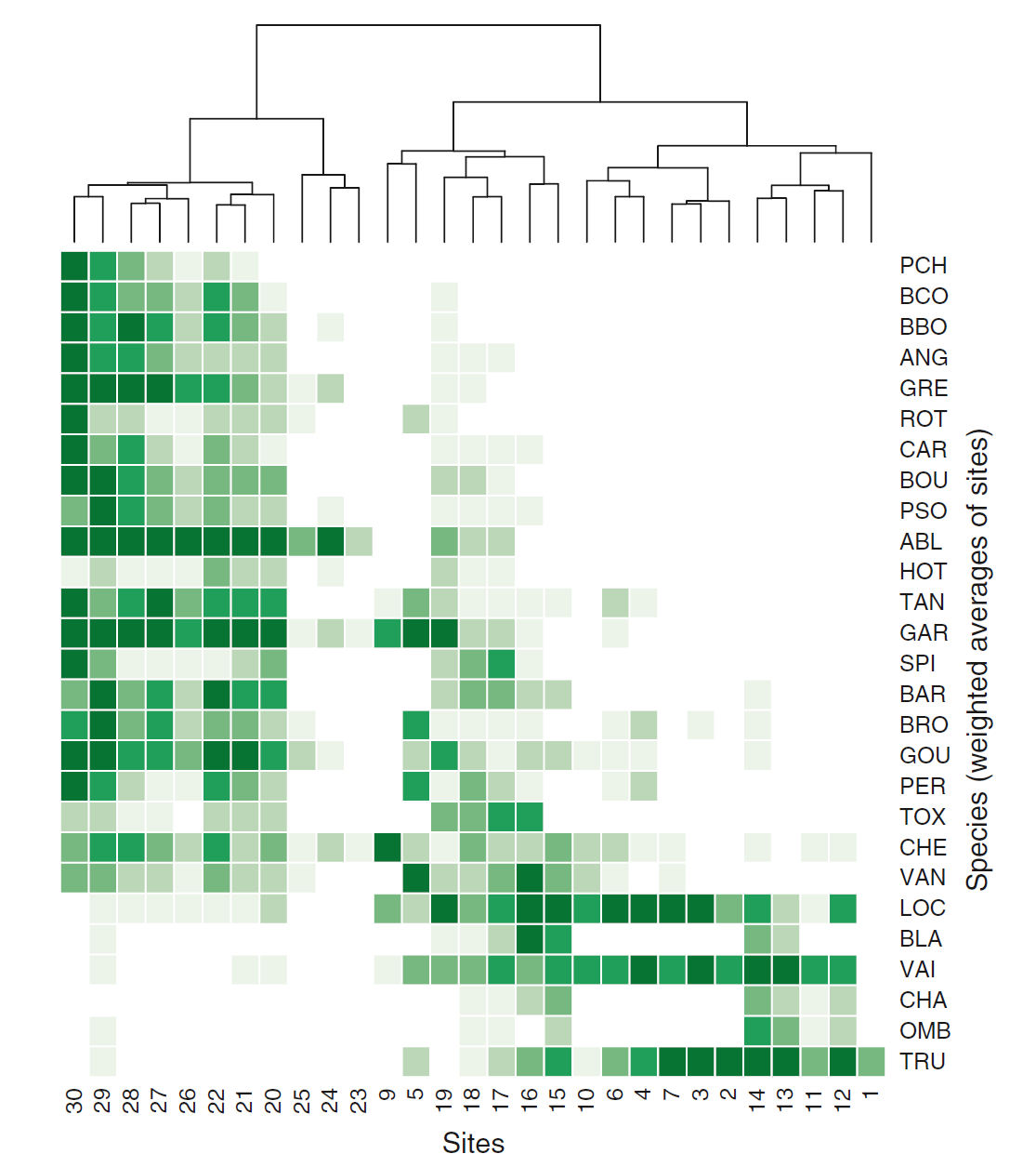 HEAT MAP (intenzita barvy se zvyšuje s abundancí druhu ve