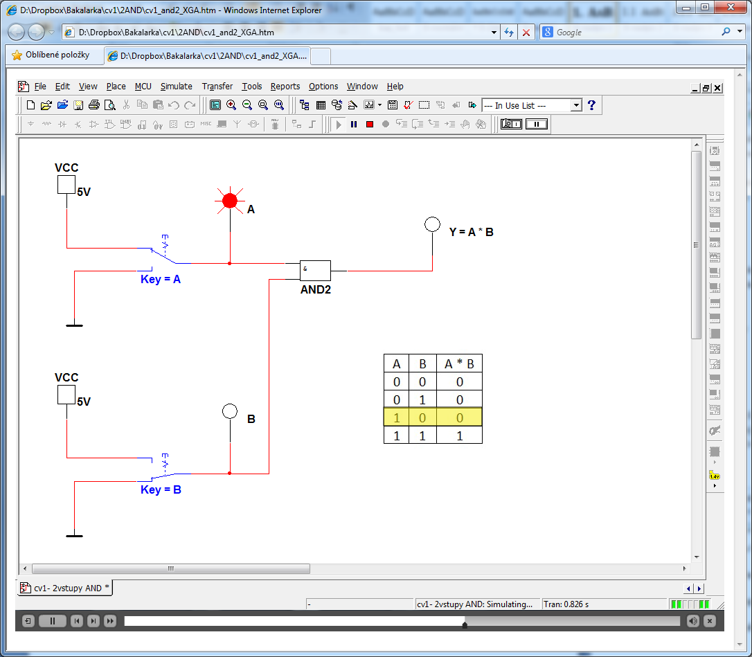 3..4 UKÁZKA ANIMACE V této animaci demonstrujeme fungování logického členu dvouvstupový AND. Pomocí přepínačů volíme vstupní kombinaci a kontrolujeme výstupy dle pravdivostní tabulky.