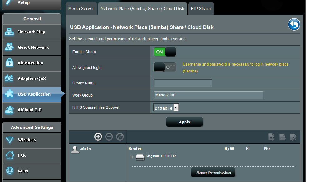 Chcete-li spustit stránku nastavení aplikace Media Server (Server médií), přejděte na General (Obecné) > USB application (USB aplikace) > Media Services and Servers (Mediální služby a servery médií)