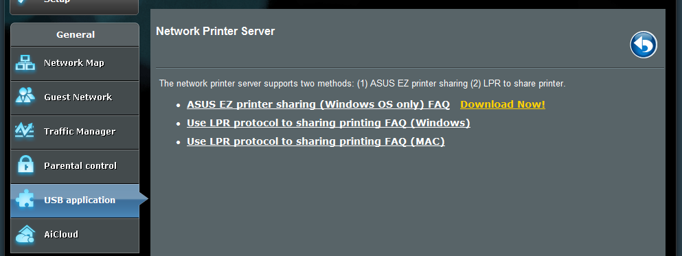 5.3 Konfigurování tiskového serveru 5.3.1 ASUS EZ Printer Sharing (Sdílení tiskárny ASUS EZ) Nástroj ASUS EZ Printing Sharing (Sdílení tiskárny ASUS EZ) umožňuje připojit tiskárnu USB k portu USB