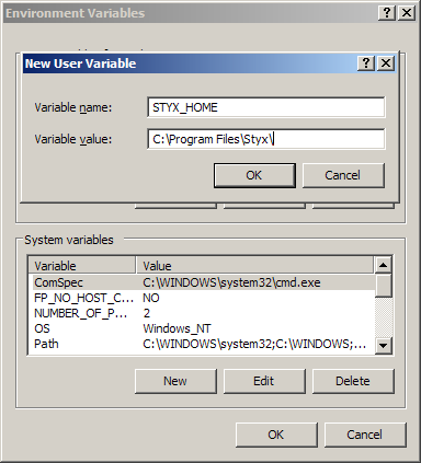 2. Tento krok by neměl být nutný na Windows postavených na jádře NT (Windows NT, 2000, XP, 2003, Vista). Nastavte systémovou proměnnou STYX_HOME na INSTALL_DIR\Styx\.