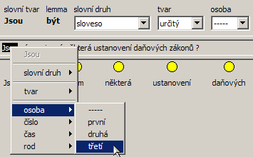 Obrázek 1.4: Kontextové menu pro výběr morfologických kategorií 1.4.2 Syntaktický rozbor věty Stavba syntaktického stromečku probíhá metodou drag and drop.