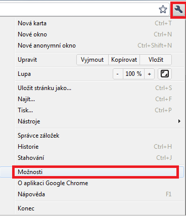 4.1.6.1. Povolení cookies v Google Chrome Klikněte na ikonu klíče na liště prohlížeče. Vyberte položku Možnosti.