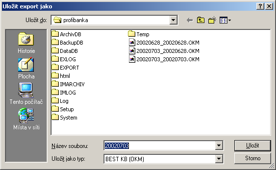 Parametry exportu Standardní dialog pro export do souboru. Obsahuje volbu formátu souboru (BEST OKM, BEST KMO, KM, KM76, KM78, EDI BEST, XML a vlastní formáty) a dále jméno a cestu k souboru.