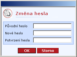 Změna hesla Funkčnost pouze pro lokální uživatele. Popis okna: Původní heslo Heslo, pod kterým je uživatel přihlášen. Nové heslo Nové heslo.