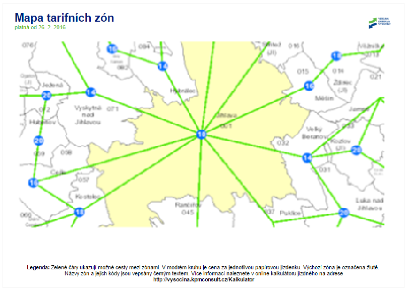 2.1. Ukázka mapového výstupu Obrázek číslo 1 Legenda k obrázku 1: Zóna se žlutým podkladem: výchozí zóna Zóna s bílým podkladem: ostatní zóny Zelená linka: schématické vyjádření cesty mezi zónami