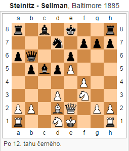 Steinitz Meitner, Vienna 1860 1. e4 e5 2. Jf3 Jc6 3. d4 exd4 4. Sc4 Sc5 Říká někdo, že je Skotská nudná? 5. O-O Jf6 6. e5 d5 7. exf6 dxc4 8.