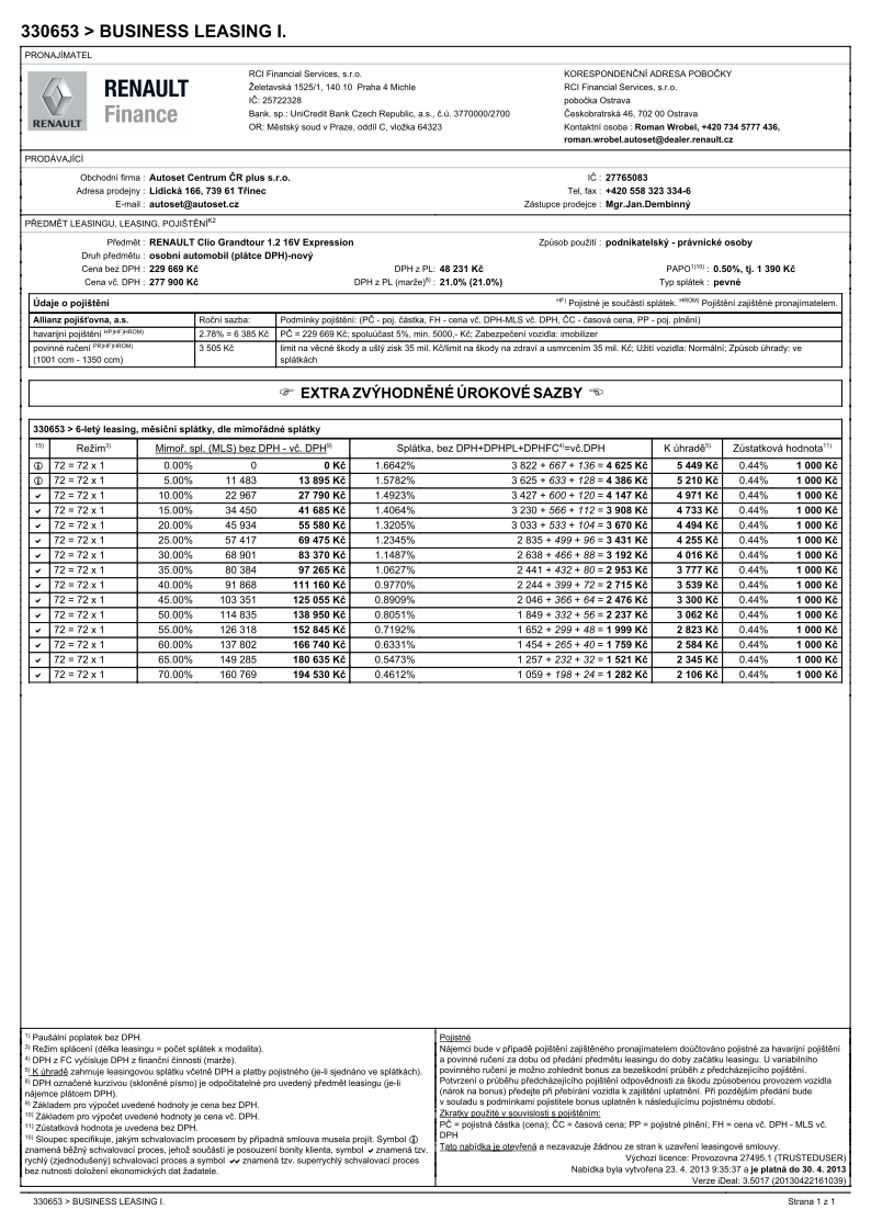 Příloha 4: Návrh leasingu na 72 měsíců od