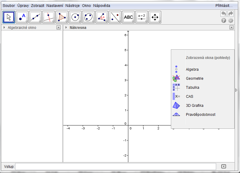 3.2. GeoGebra v češtině Po své instalaci se program GeoGebra spustí automaticky v anglické verzi. Nastavení českého prostředí se provede z hlavního menu Options / Language / A G / Czech.