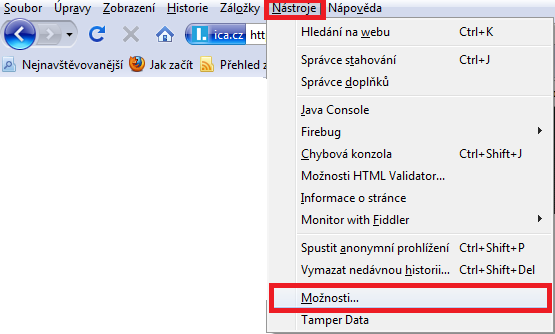 4.1.6.1. Povolení cookies v Mozilla Firefox Na nástrojové liště zvolte Nástroje a klikněte na nabídku Možnosti Zvolte