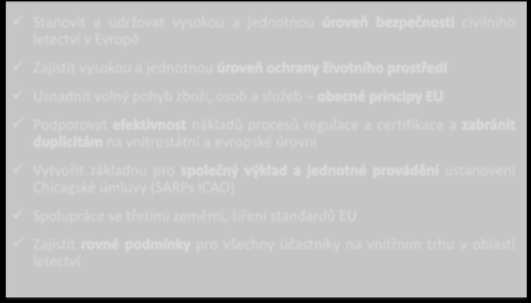 Stanovit a udržovat vysokou a jednotnou civilního letectví v Evropě Zajistit vysokou a jednotnou Usnadnit volný pohyb zboží, osob a služeb Podporovat nákladů procesů regulace a certifikace a na