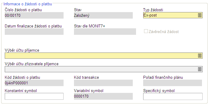 ~ 144 ~ V poli Číslo monitorovací zprávy/hlášení je nutné vybrat finálně uloženou monitorovací zprávu navázanou na žádost o platbu. Bez monitorovací zprávy nelze finalizovat žádost o platbu.