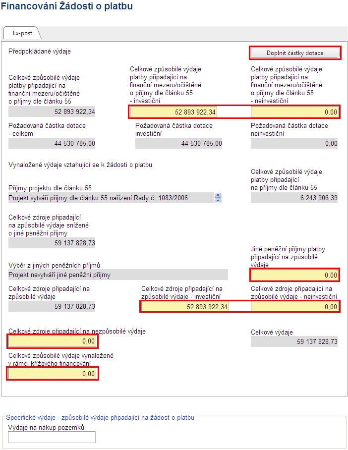 ~ 146 ~ Uživatel dále pokračuje ve vyplnění záložky Financování Žádosti o platbu části Ex-post: V případě zadávání příjmů projektu do BENEFIT7 Řídící orgán ROP SV příjemcům doporučuje konzultovat