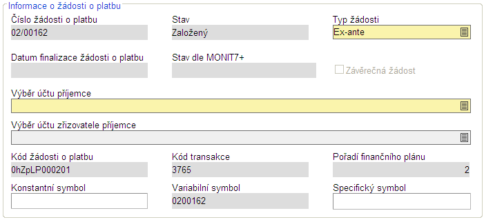 ~ 150 ~ Příjemce vyplní pole Typ žádosti pole je omezeno dle výzvy a oblasti podpory na Ex-ante.