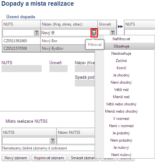 ~ 24 ~ Příklad vyhledání města Nový Bydžov při použití filtru (zadané slovo Nový B ): 5.3.