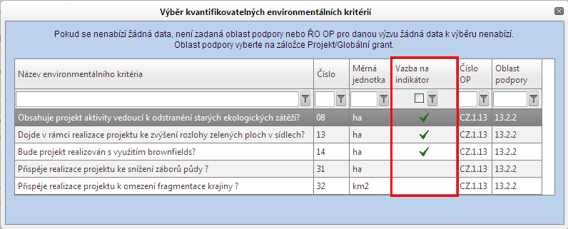 ~ 67 ~ Chybný výběr Indikátoru s provazbou na Environmentální kritérium Žadatel si na žádost vybral indikátor s vazbou na environmentální kritérium a dané envi.