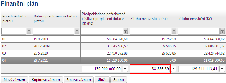 ~ 82 ~ Pole Pořadí žádosti o platbu (číslo v rámci daného finančního plánu) a pole Z toho investiční (Kč) se vyplňují automaticky.