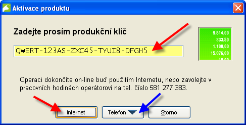 Do připraveného pole vložte obdržený produkční klíč. Pokud máte počítač aktuálně připojený k Internetu, spusťte internetovou aktivaci stiskem tlačítka Internet.