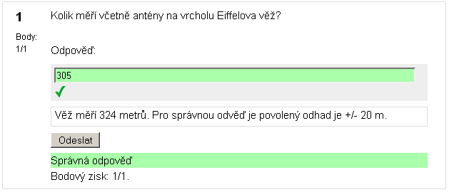 Obrázek 37 Pro zadání úlohy typu cloze je nutné použít speciální syntaxi. Obrázek 38 Doplňovací úloha (cloze) z pohledu zkoušeného.