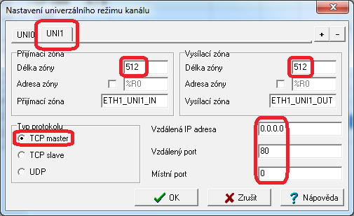 V okně nastavení univerzálního režimu kanálu přibude záložka pro další spojení (ETH1_uni1).