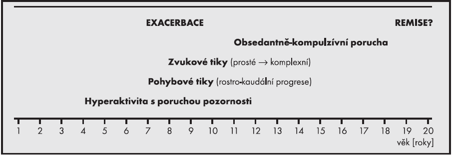 Obrázek č. 1: Rozvoj příznaků v průběhu vývoje Touretteova syndromu (Růžička, Roth, Kaňovský 2002, s.