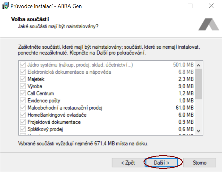 9. V následujícím kroku vyberte ty části SW ABRA, které chcete doinstalovat, budou-li takové. Ty, na které máte licence a byly již nainstalovány, budou zatržené a zašedlé. Stiskněte tlačítko Další.