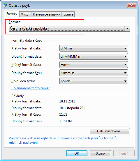 Poznámka: Na starších operačních systémech Windows (Vista, XP) toto nastavení naleznete v Ovládacích panelech - Místní a jazykové nastavení.