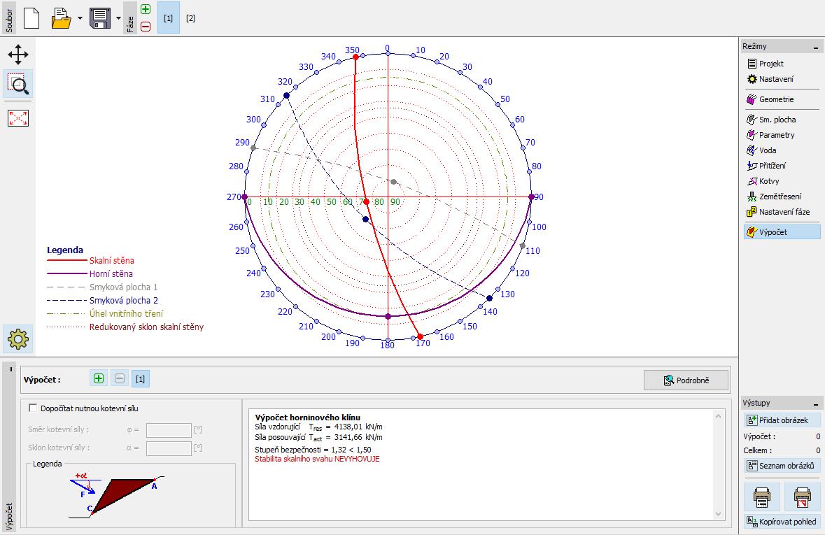 Výsledky výpočtu fáze 1 Návrh technického opatření pro zvýšení stability Zvýšení stability horninového klínu je možné buď návrhem přesvahování svahu na mírnější sklon, popřípadě i vybudování laviček
