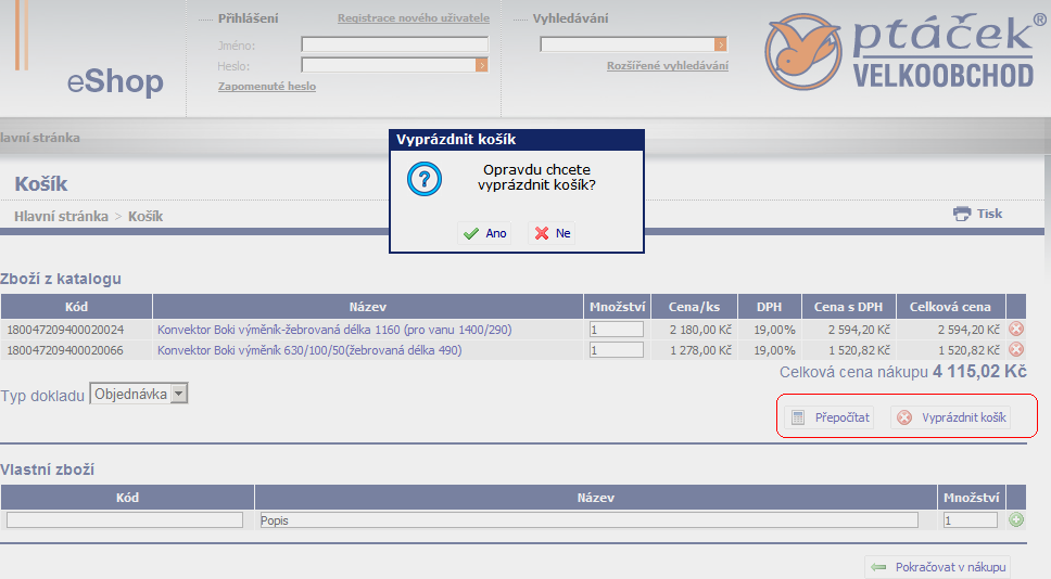 Registrace uživatele Registrace je nutná, bez ní nelze zboží Objednat nebo zaslat Poptávku po zboží.