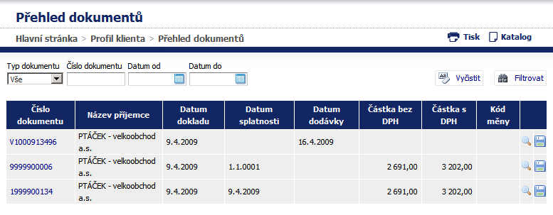 Přehled dokumentů Přehled dokumentů zobrazuje všechny uživatelovi dokumenty s možností filtrování Typu dokumentu: Vše Dodací listy Faktury Dobropisy