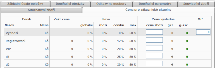 48 / 73 4.1.7. Cena pro zákaznické skupiny Zde si nastavujete cenu zboží, případně také MC (maloobchodní cenu), která se na frontendu zobrazí jako Běžná cena.