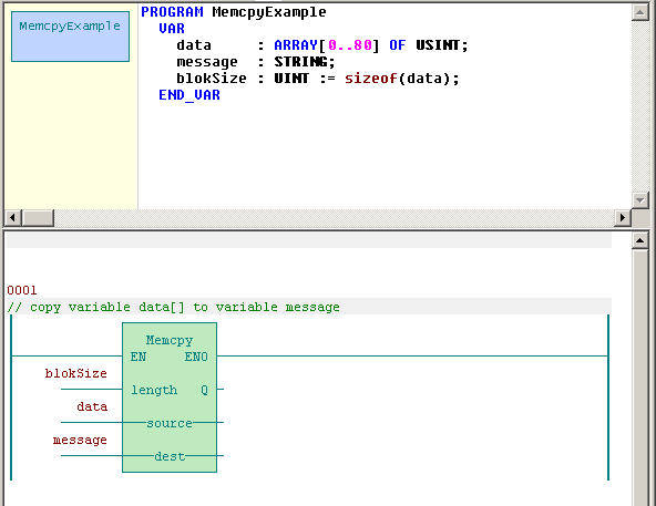 Následující příklad ukazuje jak zkopírovat proměnnou data[] což je pole USINT, které má 81 položek, do proměnné message, jenž je typu STRING (default velikost je 80 znaků plus jeden na koncovou nulu