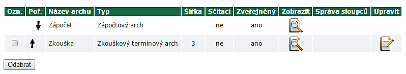 Příklad vytvoření archu: 9. Pro otevření nově vytvořeného archu sjeďte až na konec aktuální stránky, kde je zobrazena tabulka se seznamem archů.