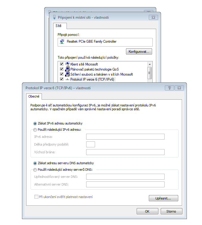 32 Praktická část Obr. 6 Nastavení pro dynamickou konfiguraci IPv6 adresy Windows 7 3.