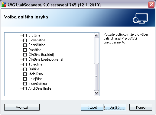 3.6. Uživatelská instalace - Volba dalšího jazyka Dialog Volba dalšího jazyka zobrazuje přehled všech jazyků, podporovaných AVG LinkScanner, které