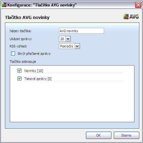 o Název tlačítka - máte možnost změnit název tlačítka, jak bude zobrazen v AVG Security Toolbaru o Ukázat zprávy - můžete si nastavit požadovaný počet zpráv, které mají být aktuálně zobrazeny o RSS