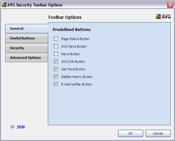 8.2.1. Záložka Obecné Na této záložce máte možnost označit, která ovládací tlačítka mají být v panelu AVG Security Toolbar zobrazena nebo naopak skryta.