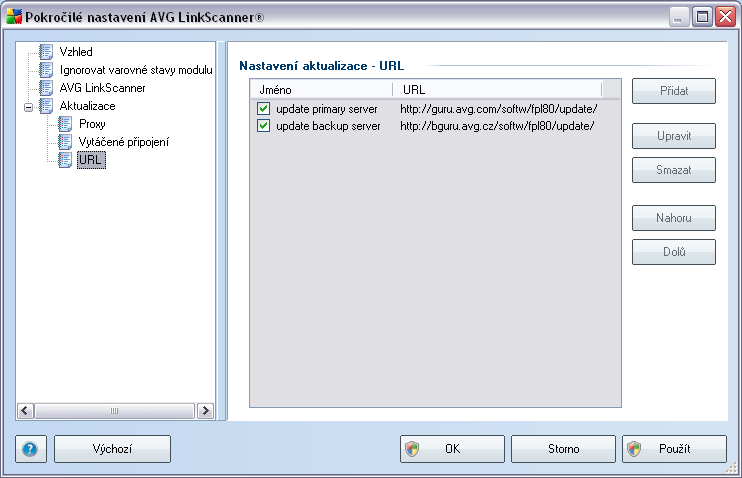9.4.3. URL Dialog URL nabízí seznam internetových adres, odkud mohou být staženy aktualizační soubory.